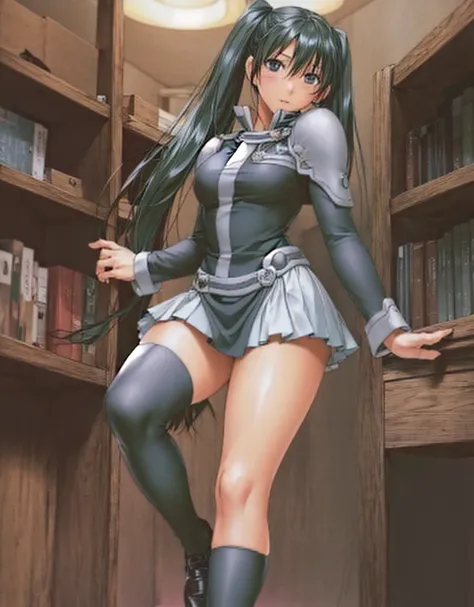 lenalee, with her beautiful legs and shoulder-length twin tails, is standing in the library wearing a miniskirt uniform and blac...