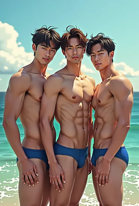 Handsome Japanese men in Blue tiny bikinis Abdominal muscles Sea