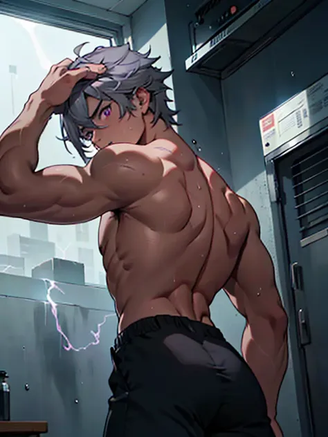 ((Finer details)), Best Shadow,Cinema Lighting,Highest quality,((Very detailed))　masterpiece　Embarrassing　Gray Hair　Purple eyes　Electricity began　get wet　Big eyes　maleのタイツは破れていた　Upper body naked　sweating　Delicate body　High saturation　male　Ryona　Hurt　tortur...