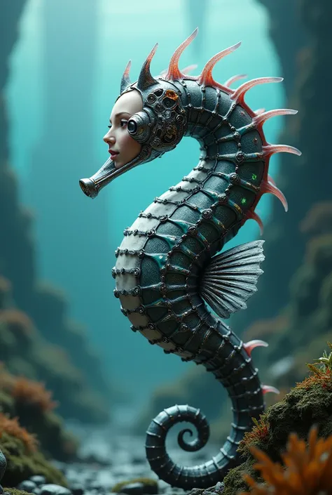 Mecha seahorse with human face 