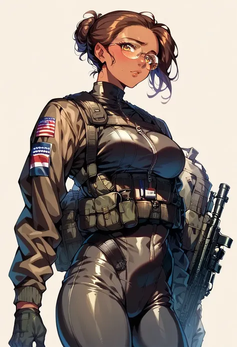 beautiful shy anime pilot woman, tanned skin, brown hair, aviator glasses, yellow eyes, tight black tactical millitary flightsui...