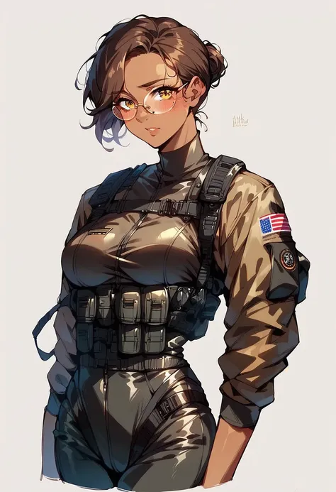 beautiful shy anime pilot woman, tanned skin, brown hair, aviator glasses, yellow eyes, tight black tactical millitary flightsui...