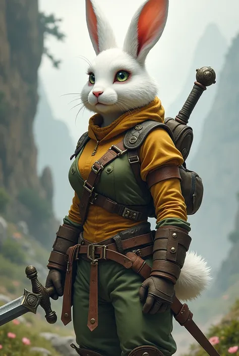 Female humanoid bunny with above average physique, wearing an adventurer outfit, light green eyes, snow white shoulder length hair and a bushy white tail. Holding an iron sword of high grade quality 