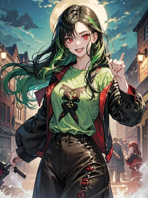 a anime woman with red eyes and long, wavy black hair with green ombre. She is happy and playing joyfully. Background in the night. mature women. sadistic eyes, she a vampire. her hair have bangs. outfit casual. green t shirt. badass women. girl boss. wear...