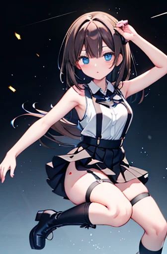 brown hair、looking towards the audience　　suspenders　　　bulging big breasts　　 　 　　　　black mini skirt　garter belt　knee-length socks...