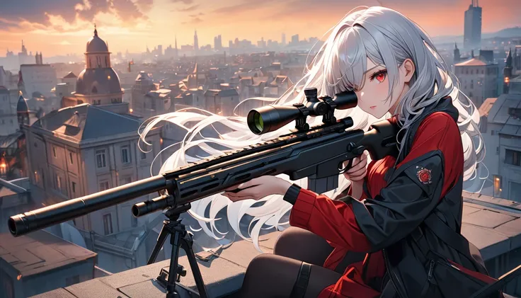 Ultra high resolution, rich colors, perfect image, top quality, detailed image, beautiful woman, glowing skin, skin and clothing texture, delicate eyes, building rooftop, sniper rifle, aiming, long silver hair, red eyes