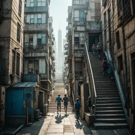 Happy family climbing a stairs to happiness in a happy dystopia cyberpunk future city