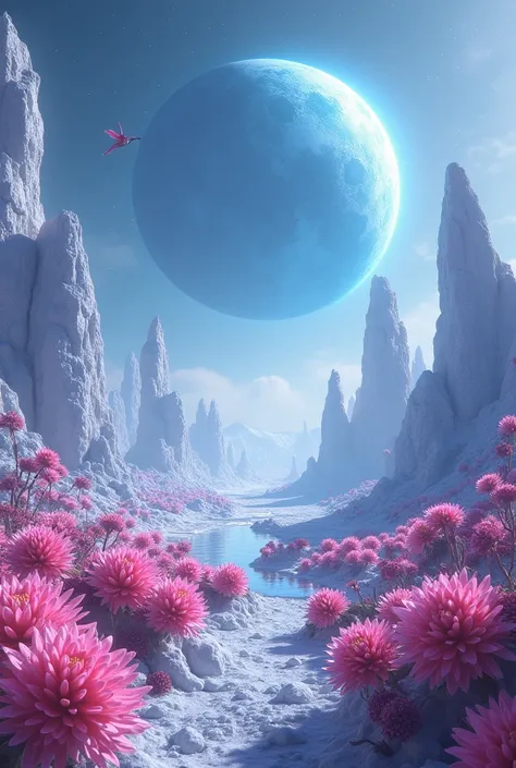 an alien landscape with pink flowers in the foreground, cgsociety contest winner, floating planet and moon, hyper realistic fantasy, ultra detailed fantasy, blue moon ray tracing, surreal frozen landscape, space plants, beautiful image ever created, [[fant...