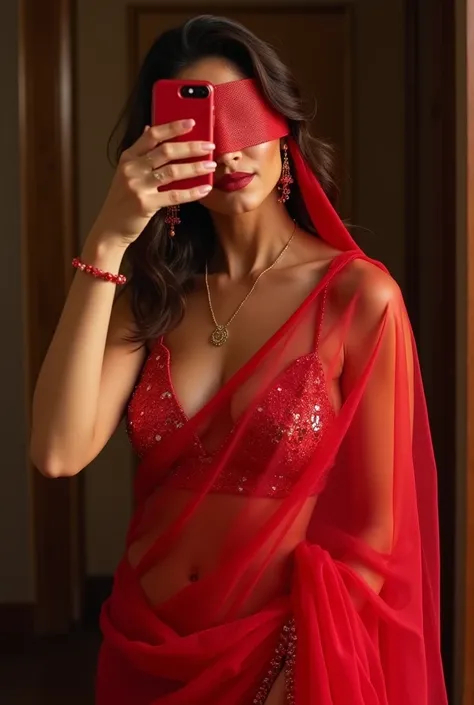 Jacqueline Fernandez blindfolded with dupatta in sexy  fully translucent red shimmering prom saree  red gagged full body taking selfie