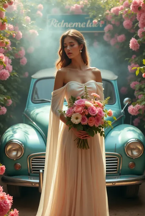 Photoshot.  Beautiful woman wearing a dress and a flower bed and long cloth on her shoulders carrying beautiful flowers and posing in a classic car in a studio full of very beautiful flowers and thick smoke there is a sign with the name Ridwangrapher