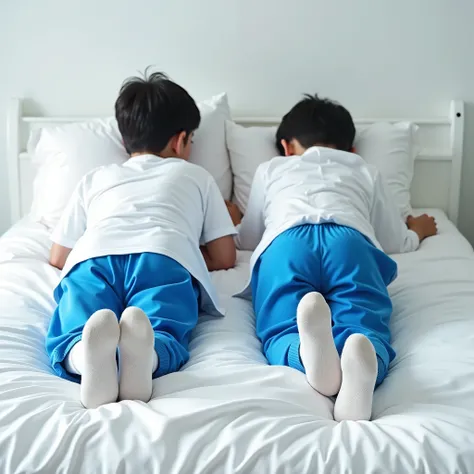 Two people wearing white shirts、Anime style Asian boy in bright blue sweatpants and white Nike socks lying on bed, They kneel on the bed，The face is buried in the pillow，Hips fully raised towards the camera, translucent, It is a 3 cm long silicone rod，Smoo...