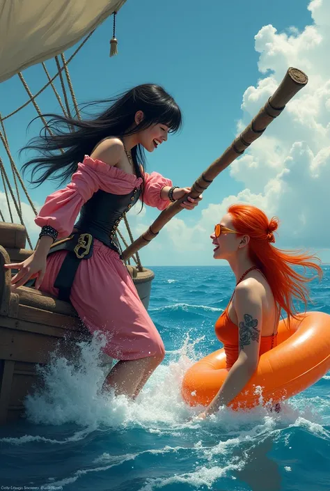 Two women, one on a pirate ship, the other in an orange swimming ring in the sea. A woman who standing on the ship is a pretty asian girl, long black hair bang,  in pink black pirate dress. She crazy laugh, In her hand she has a long non-bamboo log, she is...