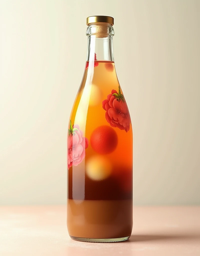 I want to create a round bottle. I put the following water in it: longan, grass jelly, chrysanthemum, ginger, coffee, cocoa, green tea, Thai tea. I want to put it nicely. I will use it to make a poster.