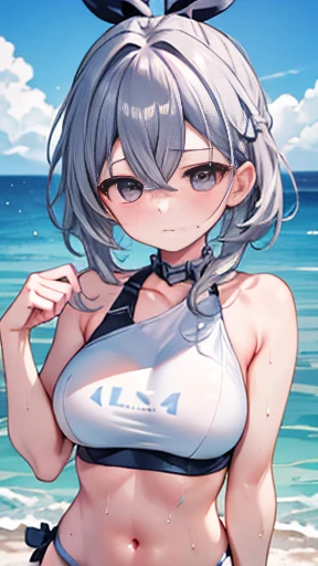 Highest quality:1.1)、(masterpiece:1.2)、(alone)、close、Staring at the audience、Ocean、summer、Sports swimwear,Flowing sweat,Silver Hair,girl,whole body,Large Breasts