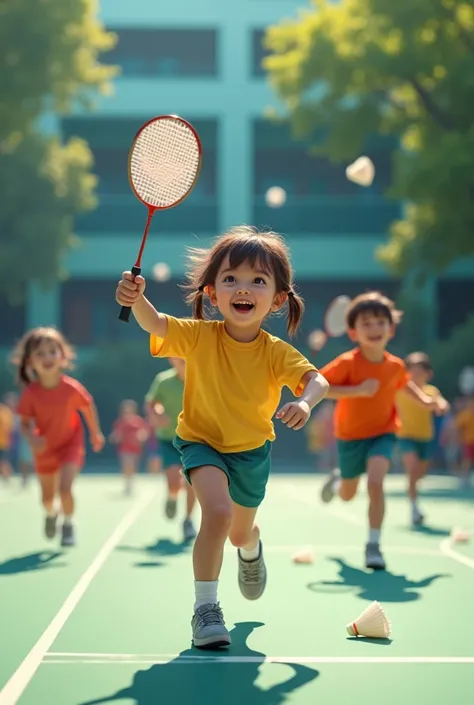 Group of children - boys qnd girls playing badminton, badminton rackets, badminton shuttlecock, school court , dynamic action pose, bright and vibrant colors, cinematic composition, (best quality,4k,8k,highres,masterpiece:1.2),ultra-detailed,(realistic,pho...