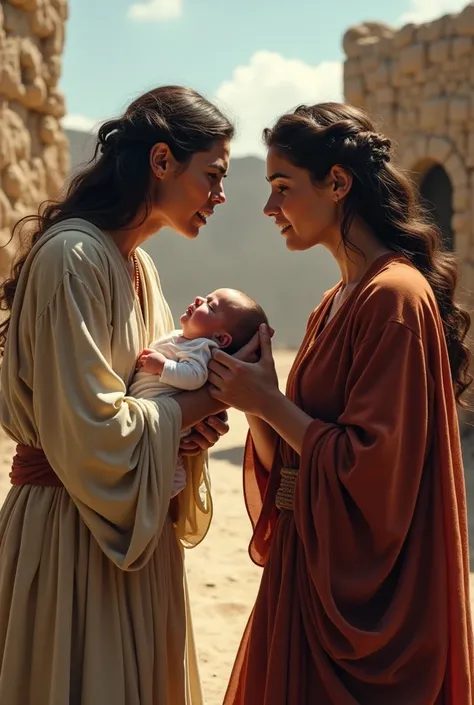 Here is the image of two women in a dramatic argument, set in biblical times, with one holding a baby while the other tries to claim it. The scene is filled with tension and emotion.