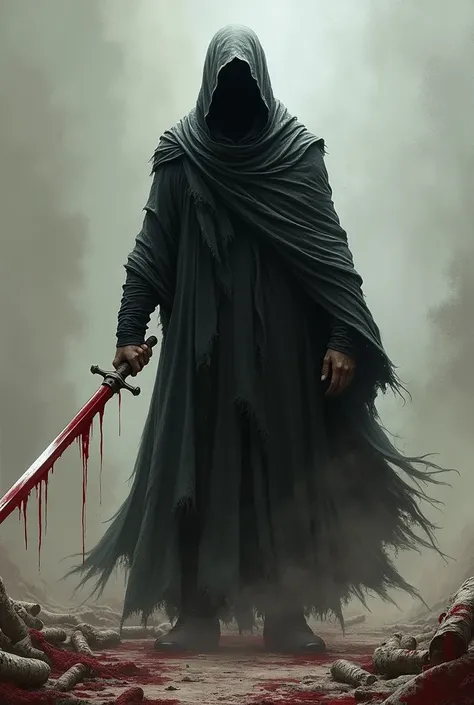 A human which covered his face by clothes and asward present in his hand a blood fall on sward 