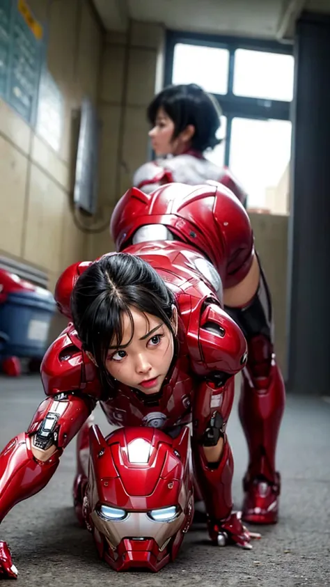 Highest quality　8k Iron Man suit girl　Elementary school girl　Sweaty face　cute　short hair　boyish　Steam coming out of my head　My hair is soaked with sweat　Black Hair　From below,Butt ),([Bare hands),Crying face,(([From behind:1.2)),((Butt)),((On all fours:1.2...