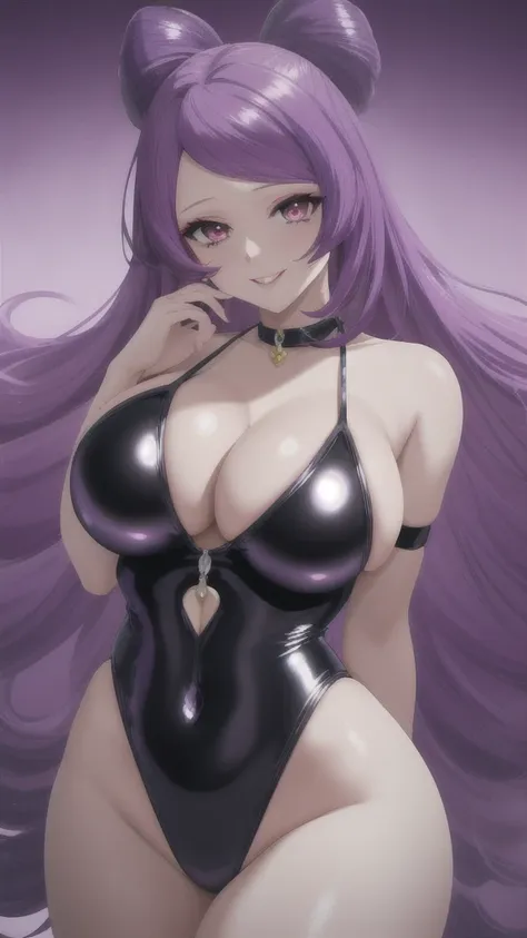 erotic、pokemon　mimosa、purple hair、big breasts, alone, black latex swimsuit　hydra suit, purple evil background,red eyes、 highest ...