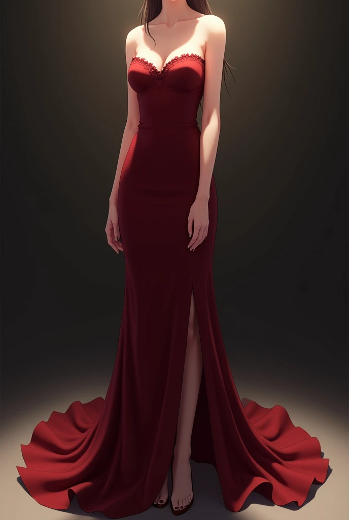 A dark red strapless dress, a long skirt, a side slit with a little lace decoration, looks elegant, anime.