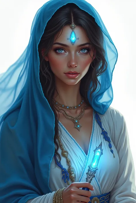 Make a 50 year old gypsy woman from the waist up brown skinned, brown hair color, blue eyes shining like a jewel, a nomadic gypsy, with a blue silk scarf on her head, a blue jewel stone in the center of the forehead shining, emitting light, wearing a white...