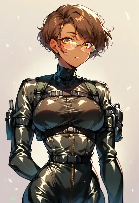 beautiful shy anime pilot woman, tanned skin, short brown hair, aviator glasses, yellow eyes, black tactical leather flightsuit, waist up