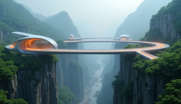 Visualize Gaoqi Ling with a striking, futuristic bridge spanning a dramatic gorge. Design the bridge with sleek, aerodynamic lines, using advanced materials and illuminated elements. The structure should feature high-tech supports and glowing pathways, sea...