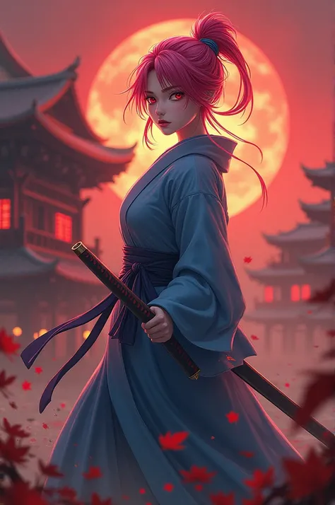 @Kim Galindo:demon slayer of a female with White sin, red eres, Pink hair up. Scenary is warm, fighting wiht demons. she is Wearing a blie kimono with katana in left hand. ufotable studios season 1 screencap