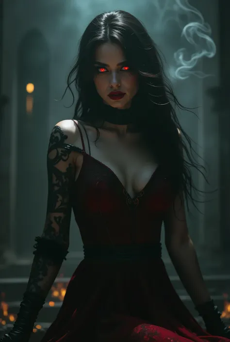 The Infernal Diva: A woman cloaked in flaming red, with carmine lips and eyes that seem to burn. It is surrounded by smoke and flames, sitting on a throne of fire, exuding an aura of mystery and power.