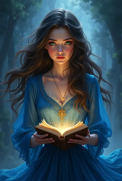 Create a Fantasy Book Cover, on the cover there is a brunette woman with dark brown hair and green eyes, ElA is holding a book, her hair is flying and she is wearing a blue dress. Behind her the background is navy blue.