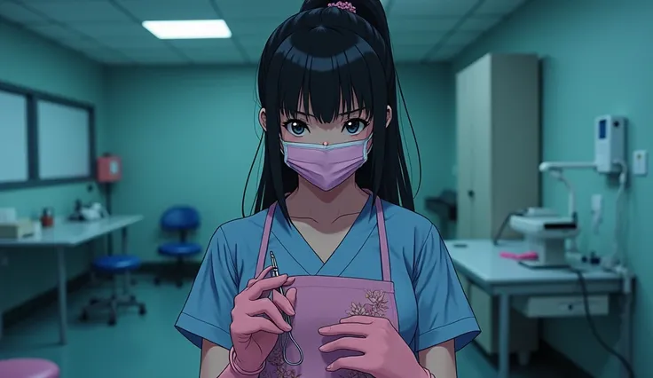 An old dentist、Sexy Japanese Dentist Girl、The clothes are light blue、Wearing pink latex gloves, Wear a pink mask, Dental examination table and instruments 、Stern gaze、Expressionless、One Girl, Black hair looking at the camera, ponytail, Large Breasts, Denta...