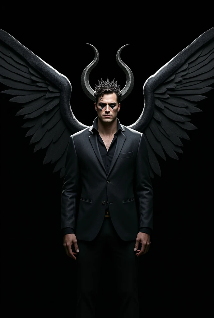 Lucifer as villian with wings and strips on eyes and wearing crown black background 