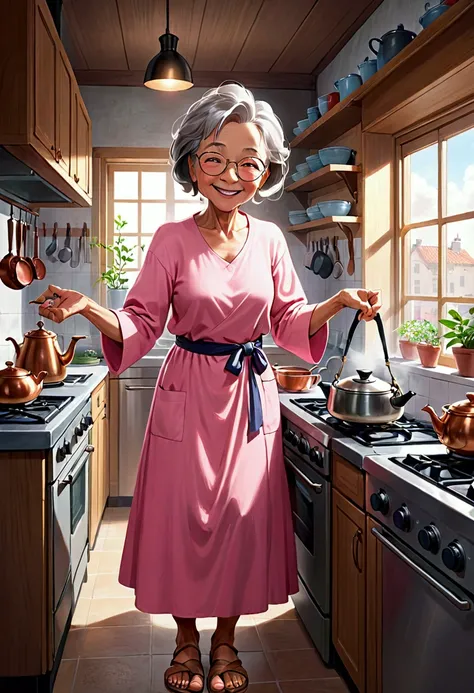 "Create an animated style illustration of an elderly woman, 52yo, with light brown skin and slightly wrinkled features. She has gray hair tied back, wears a long pink dress, brown sandals and glasses. The woman has a cheerful, toothy smile, combined with a...