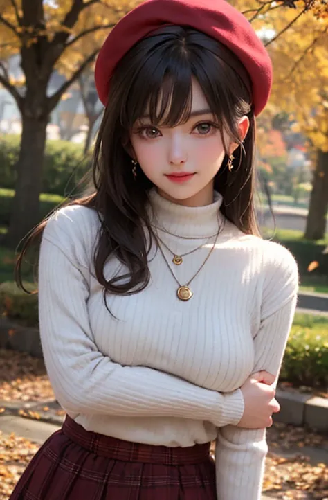 1lady standing, mature female, /(ribbed sweater/) /(red plaid skirt/) beret necklace, /(brown hair/) bangs, blush kind smile, (masterpiece best quality:1.2) delicate illustration ultra-detailed, large breasts, arms down BREAK /(pubric park outdoors/) brick...