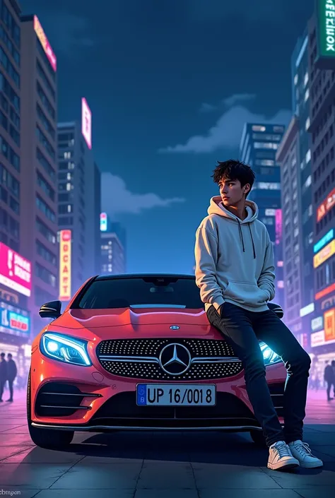  a young man sitting on the hood of a white Mercedes-Benz car in a city at night. The car is parked on a wet street with tall buildings in the background. The man is wearing a white hoodie, black jeans, and white sneakers. He has short black hair and is lo...