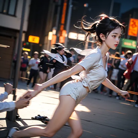 Highest quality，masterpiece，High resolution，1 girl，whole body，From the side，Night running，【Bold artwork，Motion Blur，detailed，Bokeh，(Motion Blur:1.6)