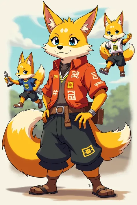 Generate 3 Anime Humanoid Yellow Fox, (Make the one in front facing in front wearing batangueño clothes representing strength), Make the one in top left looking in left, wearing a running jersey and look like running,) and lastly (Make the one on top right...