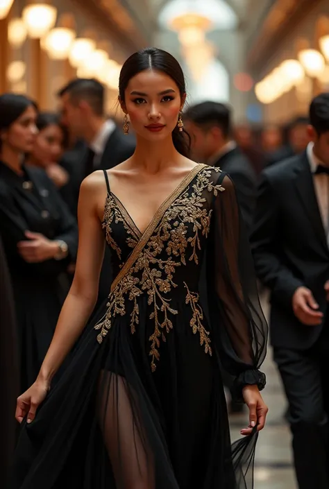 The intricate patterns of her dress accentuated her graceful form, while the deep black hue contrasted beautifully with her radiant complexion. She moved with a natural poise that turned heads as she weaved through the bustling crowd, a vision of both mode...