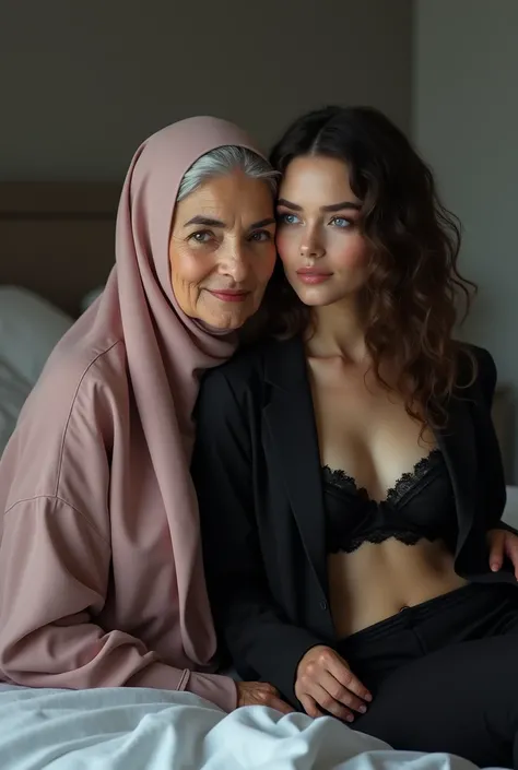 Beautiful 60 year old woman wearing pink hijab black top on bed and cute 20 year old girl blue eyes wearing black jacket and black lingerie 