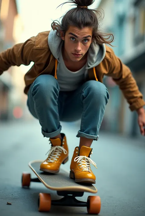 a young adult British man, Caucasian, blue eyes, shoulder length long brown messy bun hair, skateboarding clothes, golden skates, skateboarding, dynamic pose, (best quality,4k,8k,highres,masterpiece:1.2),ultra-detailed,(realistic,photorealistic,photo-reali...