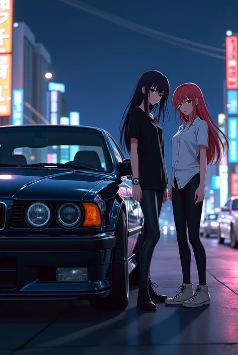 anime style, Two people standing next to a black BMW E36 with a custom car. A woman wearing a black shirt and a watch. A woman wearing a white shirt. Night view of the city in Tokyo.