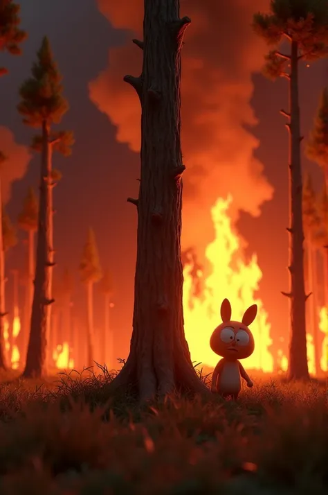 3D animation style "A forest engulfed in flames with a sense of danger. Moti, the cartoon rabbit, looks scared and helpless at the base of a tree, his big eyes filled with worry because he cannot climb. The sky is red and smoky, and the flames rise in the ...