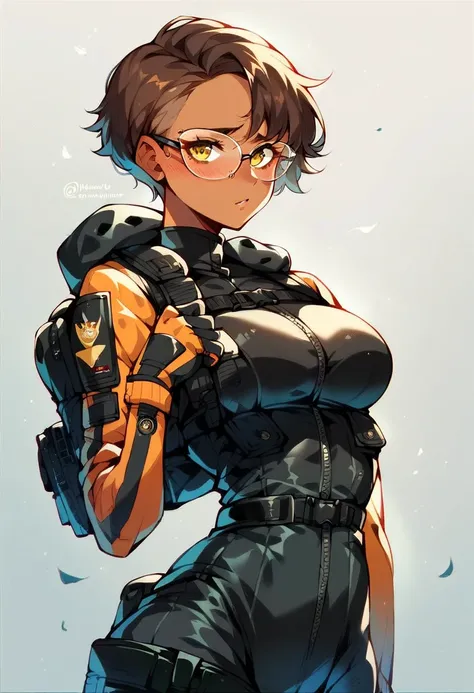 beautiful shy anime pilot woman, tanned skin, short brown hair, aviator glasses, yellow eyes, black tactical leather flightsuit, waist up