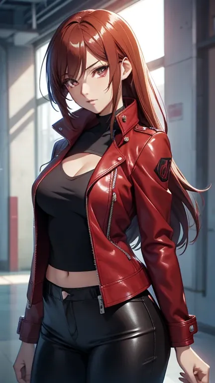 anime style image of a woman in a red leather jacket and pants, Seductive anime girl, photorealistic anime girl render, 3d realistic anime style., Soft Anime CG Art, attractive anime girl, realistic 3d anime, Hyperrealistic schoolgirl, detailed digital ani...