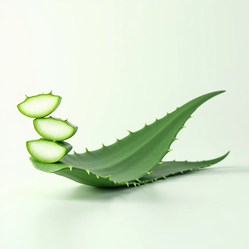 White background，A piece of aloe vera lying on its side，On the left and above the aloe vera are some sliced aloe vera.