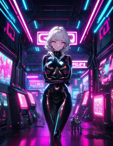 Alluring and curvaceous woman stands confidently in a large, futuristic, hangar lit by glowing neon lights and advertisement signs. She has cropped platinum hair and bright pink eyes and wears a shiny, black bodysuit that hugs her figure. We can see her wh...