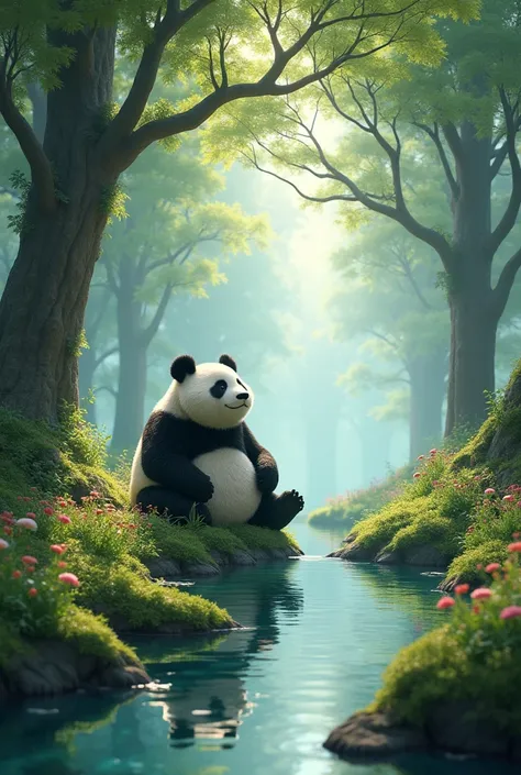 A serene forest clearing with a calm, clear stream flowing through it. In the center, a large, friendly-looking panda sits peacefully, surrounded by nature, looking up at something.