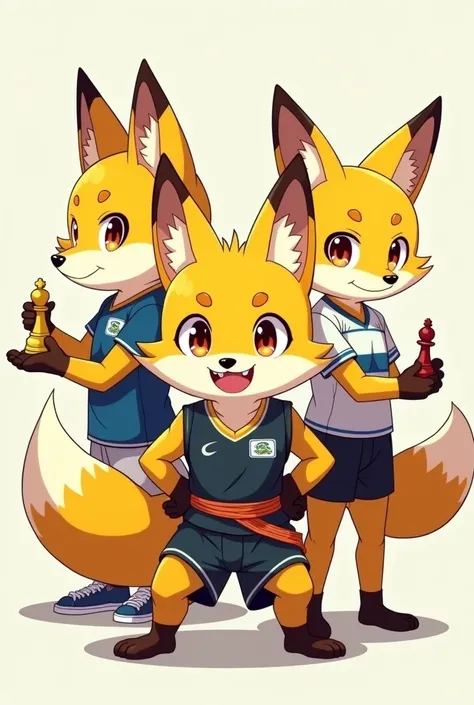 Generate 3 Anime Humanoid Yellow Fox, (Make the one in front facing in front, looks like batangueño natural clothes, representing strength), (Make the one in top left looking in left, wearing a running jersey and look like running, representing speed) and ...