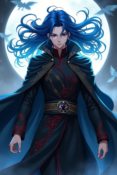 Make a murim manhwa character, with long blue hair, he has black eyes, he wears a black cloak with red and gold details, he is a man and handsome with a younger appearance . I don&#39;t want a realistic character just from murim manhwa.