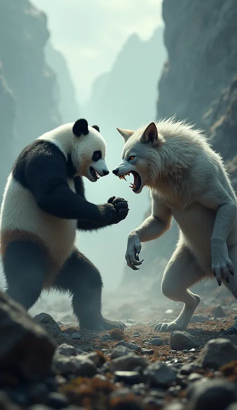 A fierce face-off between a panda and a wolf, dramatic action poses, fierce look, fantasy, realistic, landscape and harsh environment, dramatic lighting, digital art, 8k best quality.